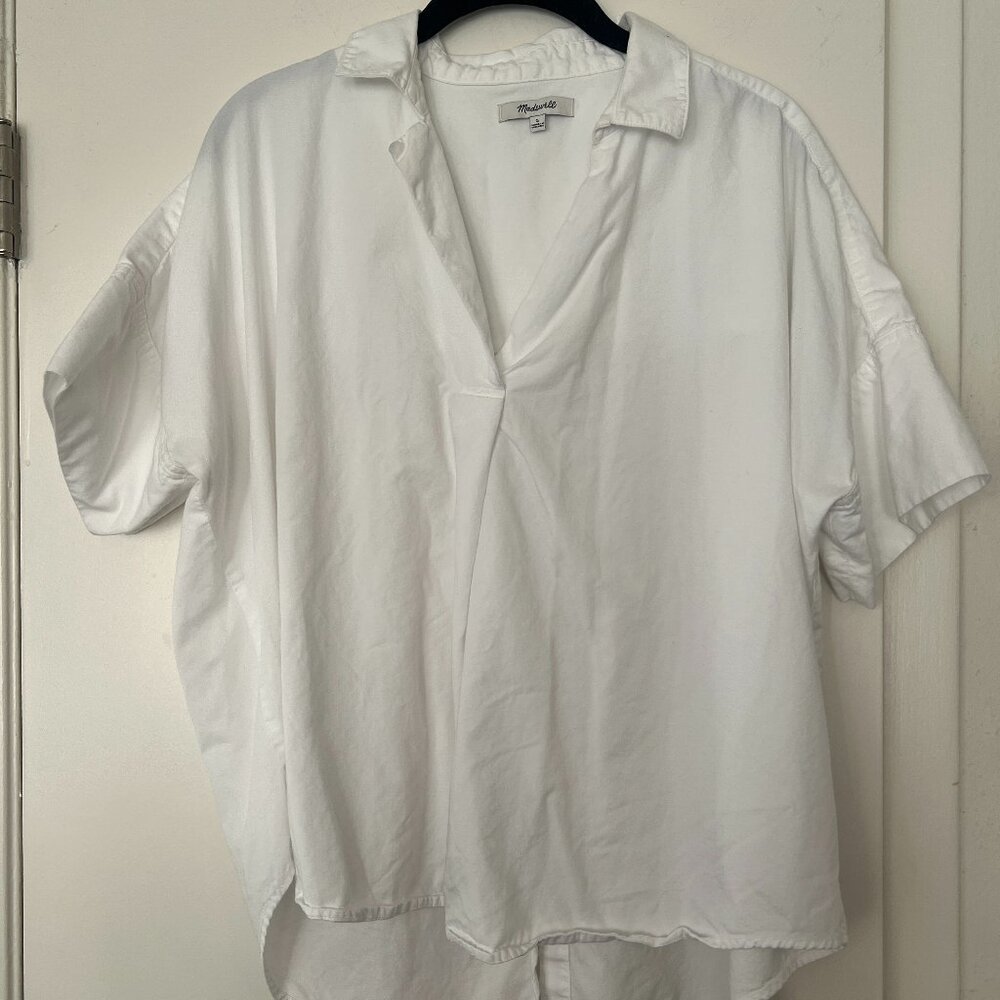 Madewell White V-Neck Boxy Short-Sleeve Blouse